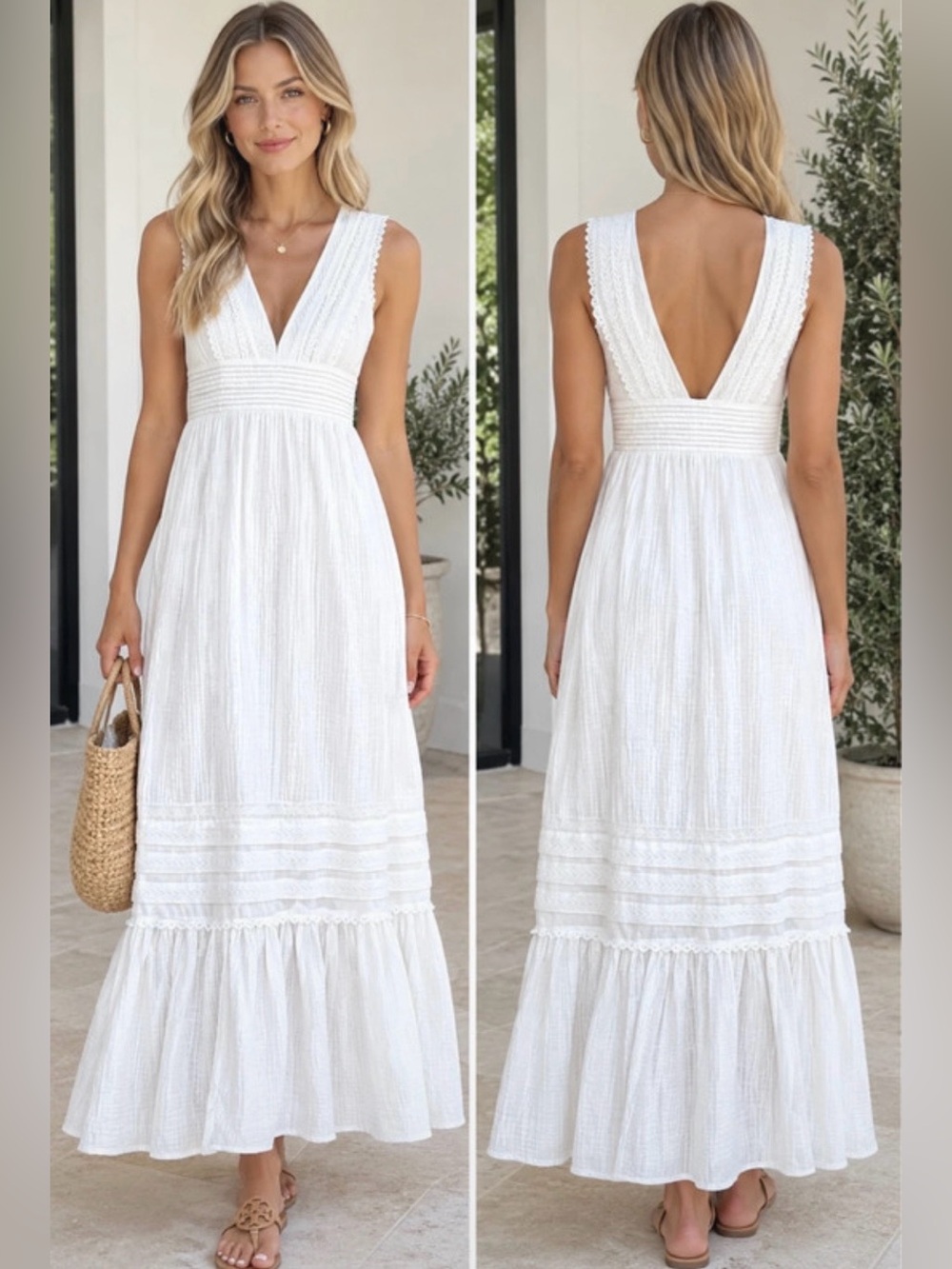 Romantic Sleeveless White V-Neck Maxi Dress